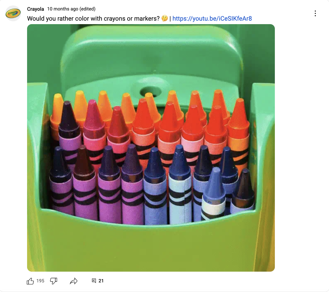 A Crayola Community Post on YouTube where the brand asks if their audience likes to color with crayons or markers. The post features an ASMR-style video of their iconic crayon box.
